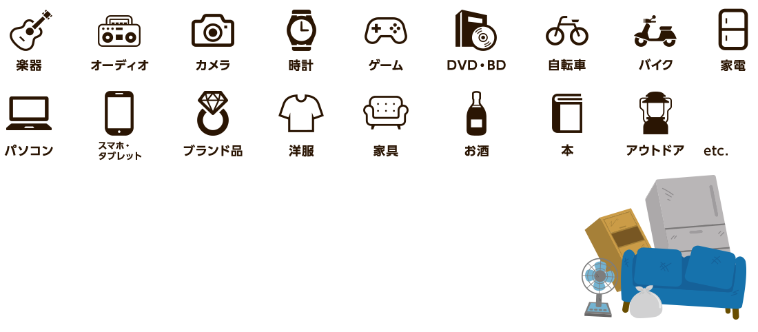 楽器、オーディオ、カメラ、家電、パソコン、スマホ、タブレット、ゴルフ用品、釣具、お酒、自転車、バイク、工具、時計、ゲーム、DVD、BD、フィギュア、ブランド品、洋服、本、万年筆、ベビー用品、アウトドア、骨董品、オフィス用品、暖房機器、家具、車、在庫品、etc.