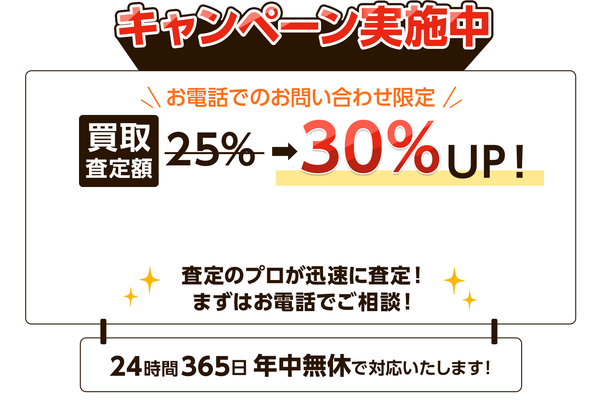 お電話でのお問い合わせ限定 買取査定額30%UP